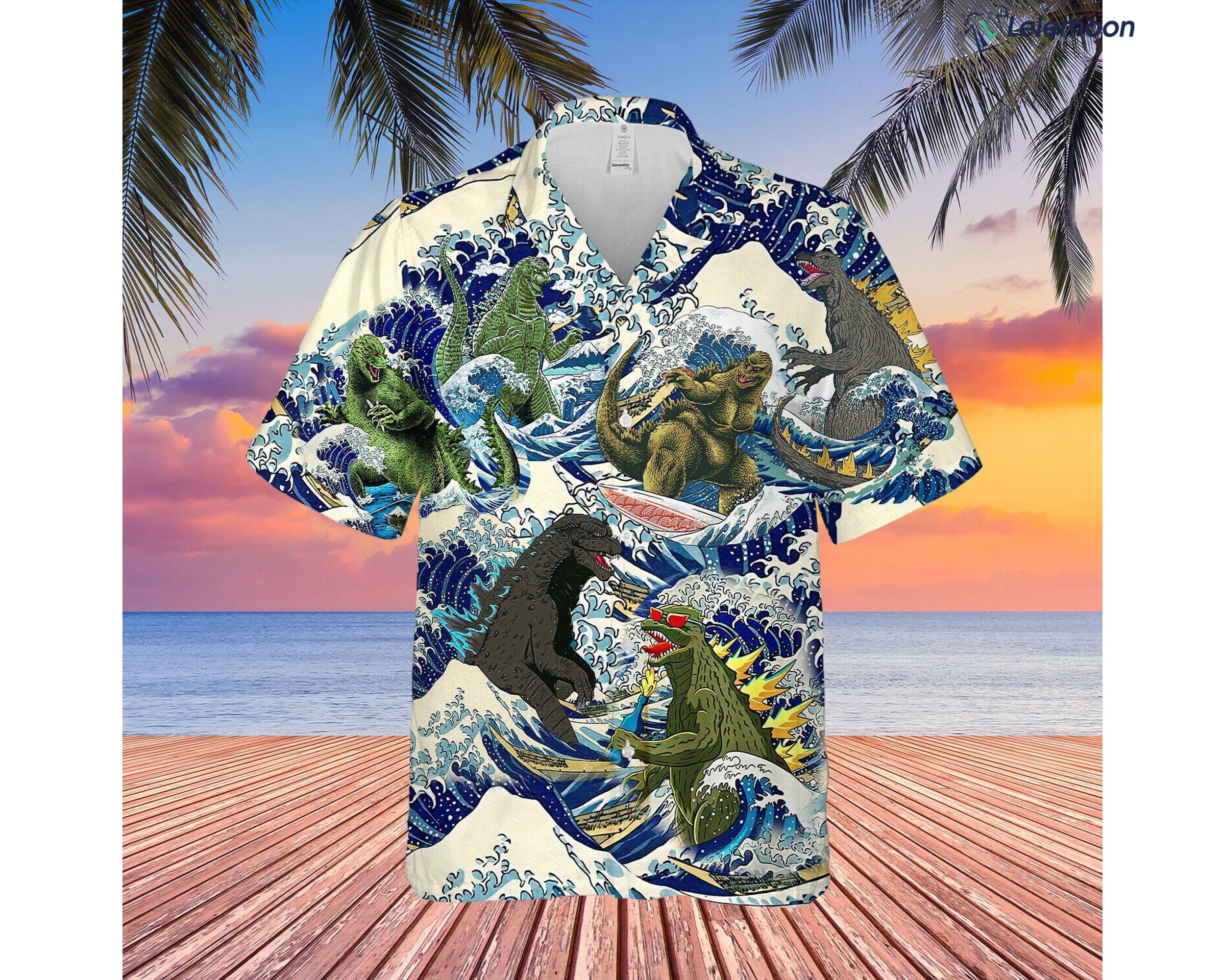 Godzilla Surfing Funny Hawaiian Shirt - Lelemoon